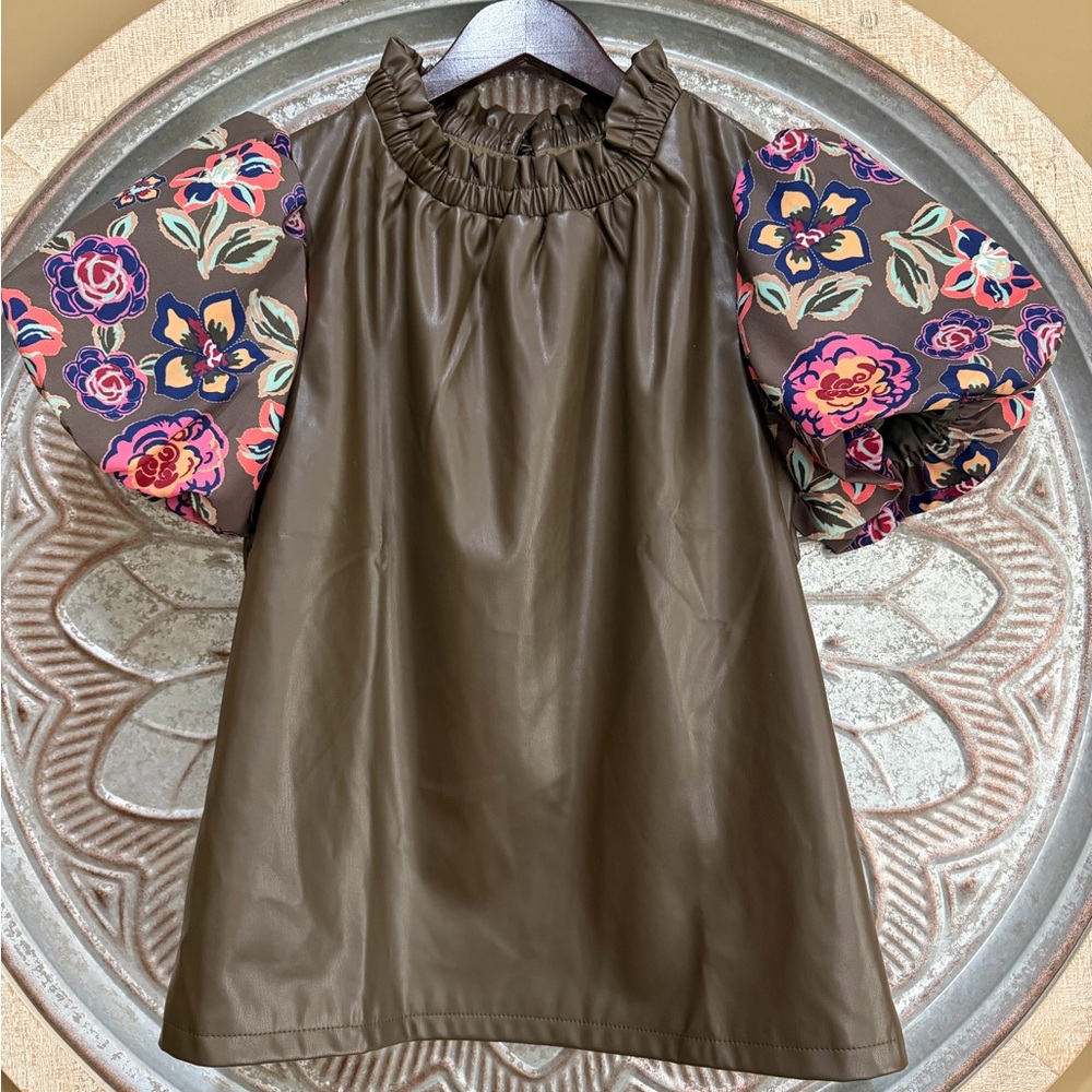 Brown Faux-Leather Blouse with Floral Puff Sleeves and Keyhole Button Back